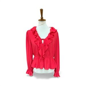 Scoop Long Sleeve Red Ruffle Blouse Size L